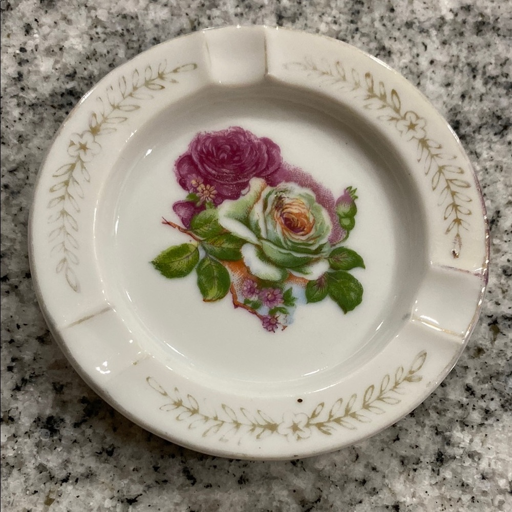 MCM Vintage Porcelain Floral Ashtray - White with Pink & Green Rose Motif!